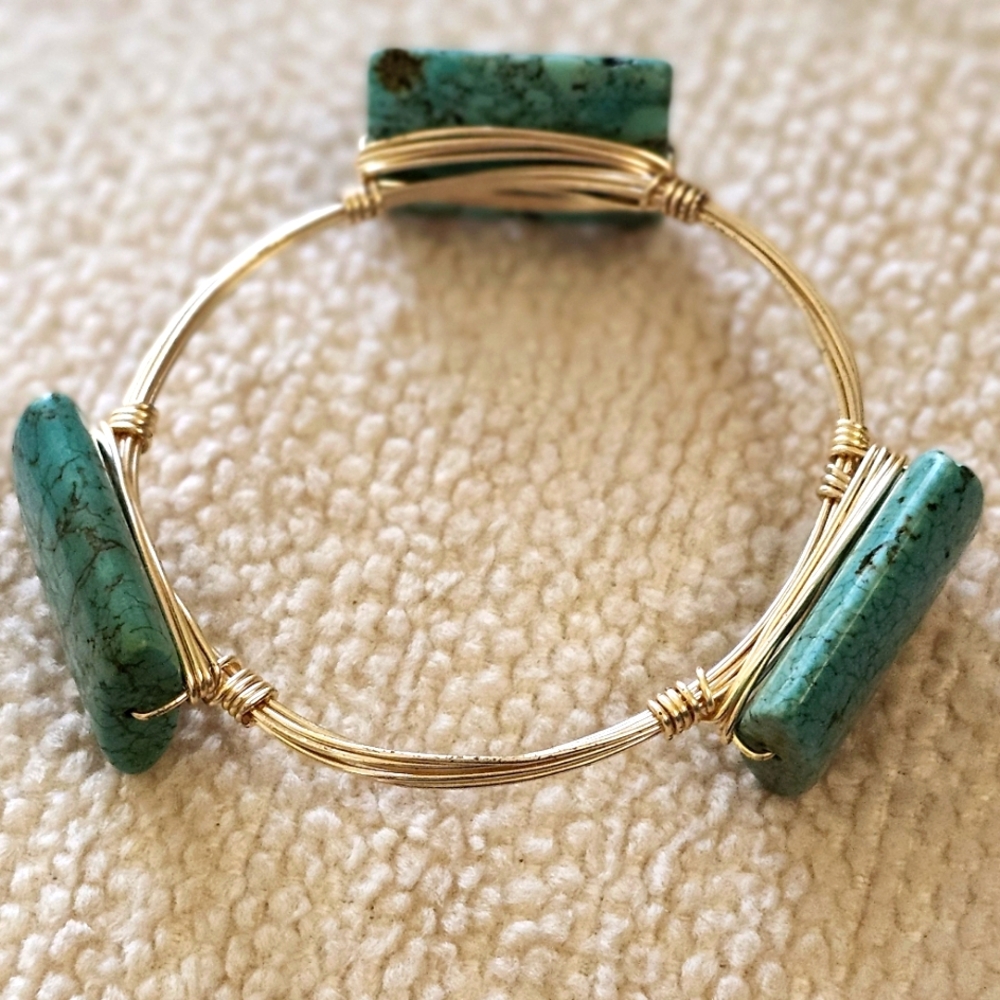 2/15$ Turquoise Dyed Hematite Gold Wire Wrapped Bangle Bracelet Chunky